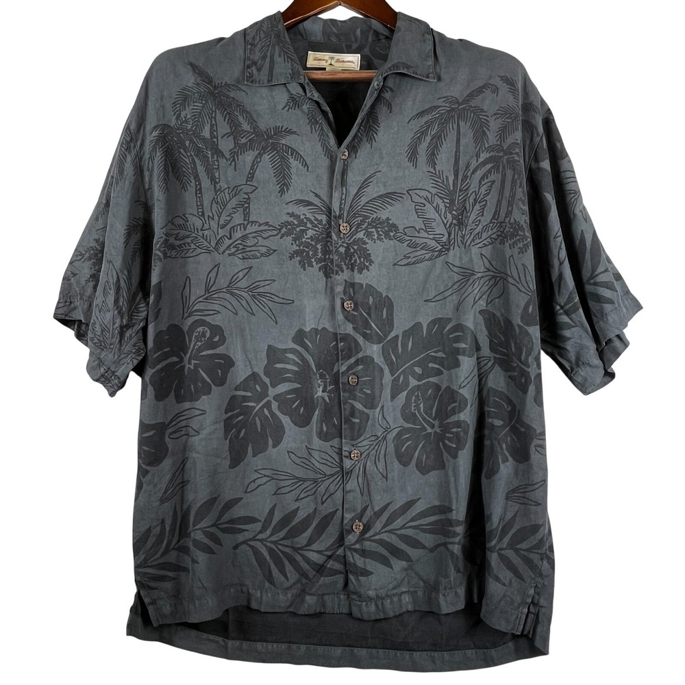 Tommy Bahama Men L 100% Silk Hawaiian Camp Shirt Palm Trees Hibiscus Gray Black